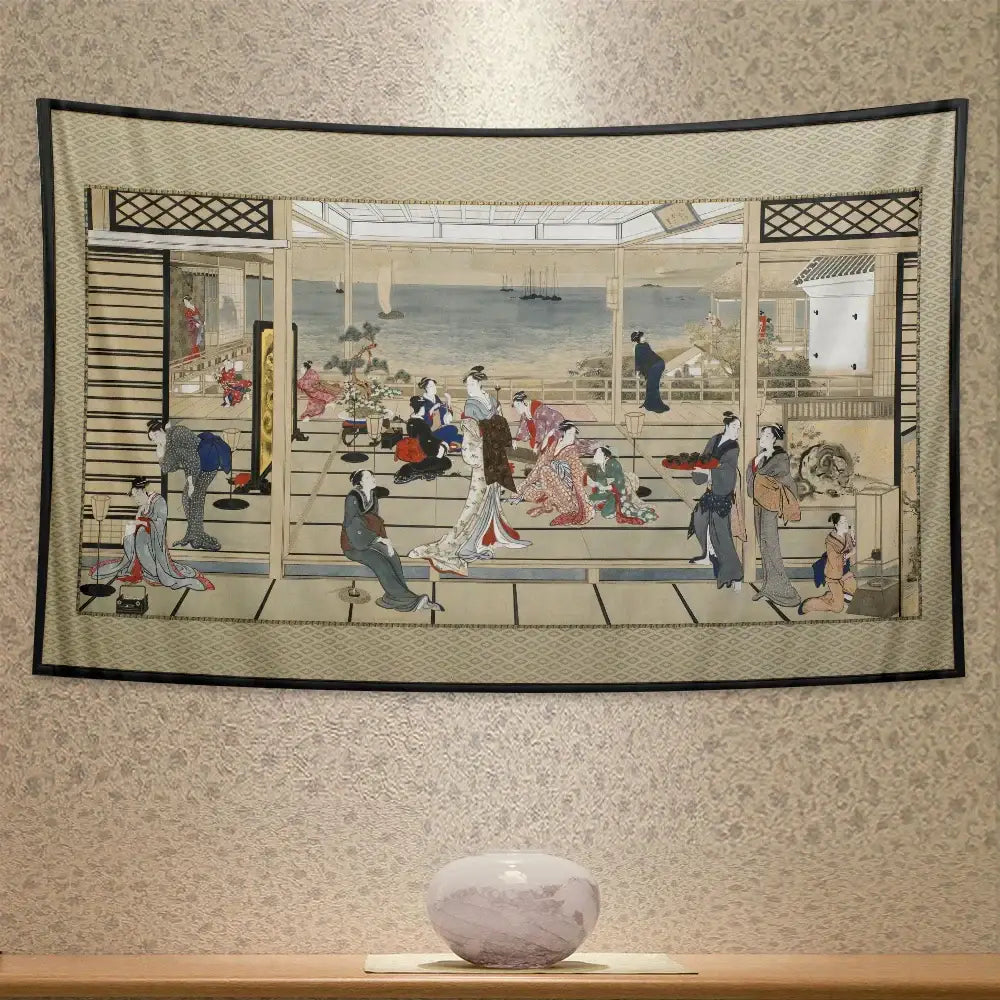 Beige geisha kanagawa print wall hanging bedroom fabric tapestry
