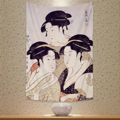 Beige geisha kanagawa print wall hanging bedroom fabric tapestry