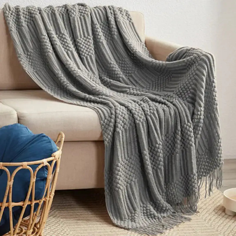 Beige geometric knitted tassel blanket bedroom throw 3d knitted