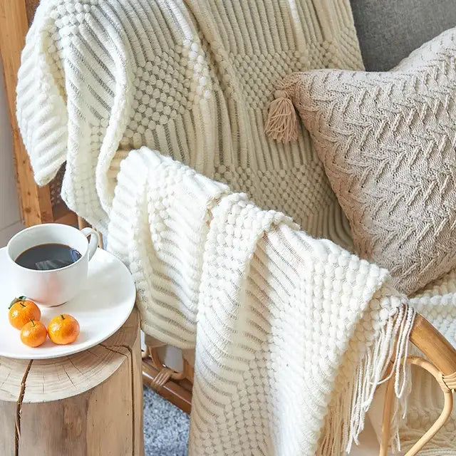 Beige geometric knitted tassel blanket bedroom throw 3d knitted