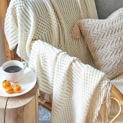 Beige geometric knitted tassel blanket bedroom throw 3d knitted