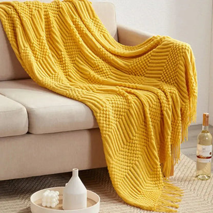 Beige geometric knitted tassel blanket bedroom throw 3d knitted