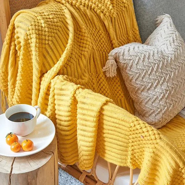Beige geometric knitted tassel blanket bedroom throw 3d knitted