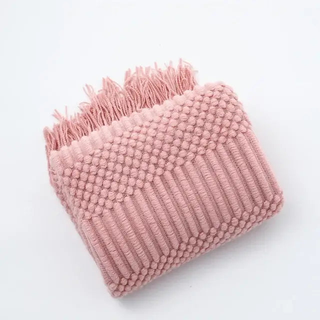 Beige geometric knitted tassel blanket bedroom throw 3d knitted