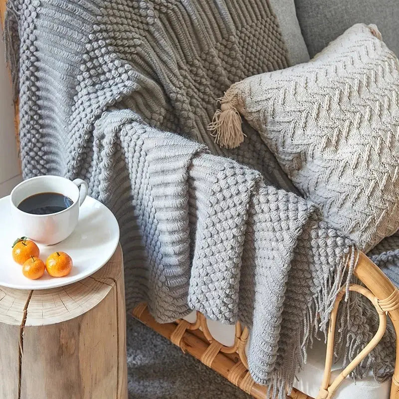 Beige geometric knitted tassel blanket bedroom throw 3d knitted