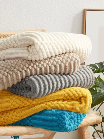 Beige geometric knitted tassel blanket bedroom throw 3d knitted