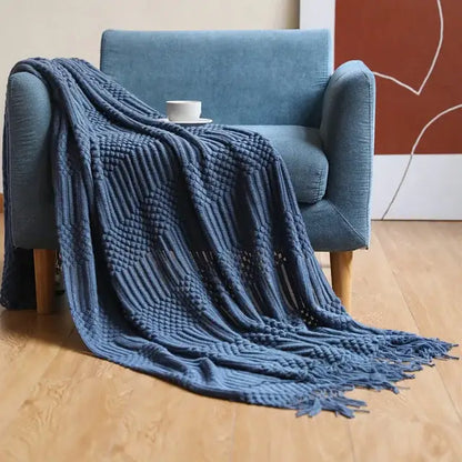 Beige geometric knitted tassel blanket bedroom throw 3d knitted