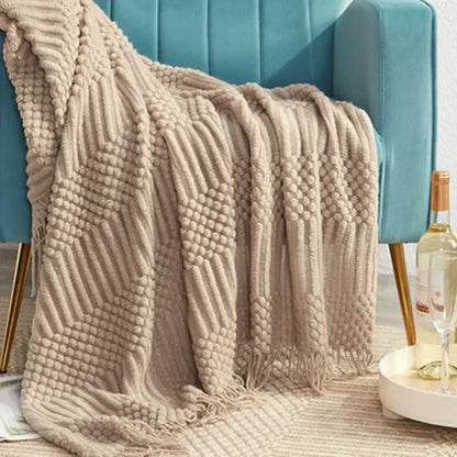 Beige geometric knitted tassel blanket bedroom throw 3d knitted