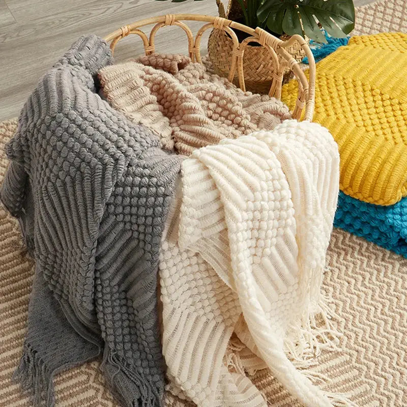 Beige geometric knitted tassel blanket bedroom throw 3d knitted