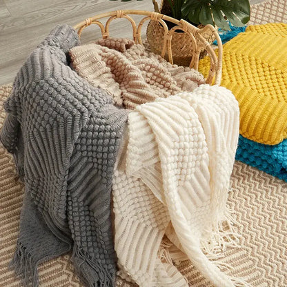 Beige geometric knitted tassel blanket bedroom throw 3d knitted
