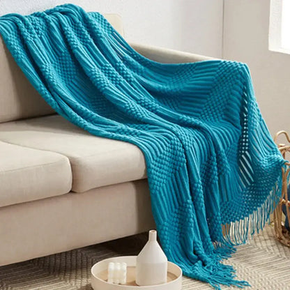 Beige geometric knitted tassel blanket bedroom throw 3d knitted