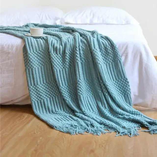 Beige geometric knitted tassel blanket bedroom throw 3d knitted