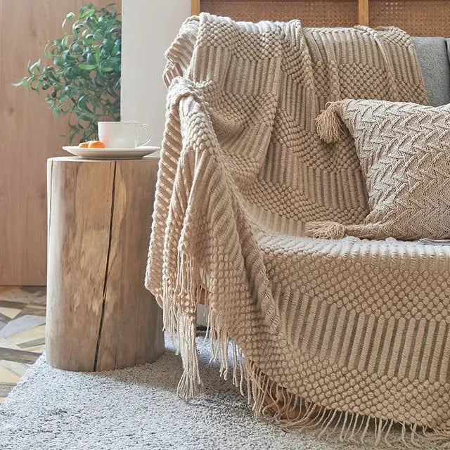 Beige geometric knitted tassel blanket bedroom throw 3d knitted