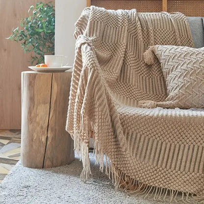 Beige geometric knitted tassel blanket bedroom throw 3d knitted
