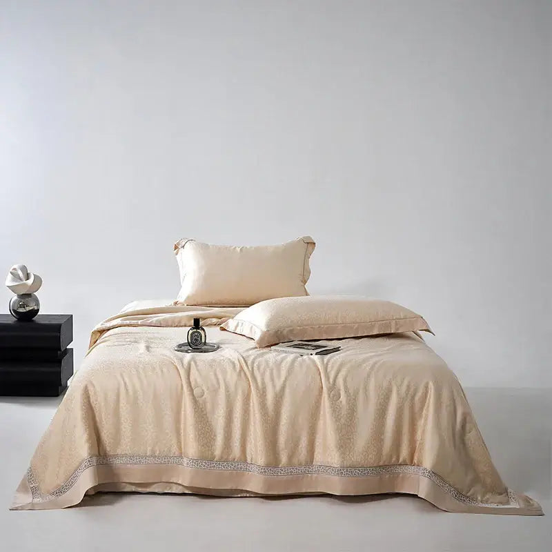 Beige & gold leopard jacquard summer bedding set bedroom lace trim