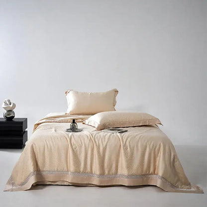 Beige & gold leopard jacquard summer bedding set bedroom lace trim