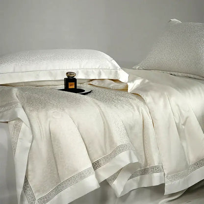 Beige & gold leopard jacquard summer bedding set bedroom lace trim