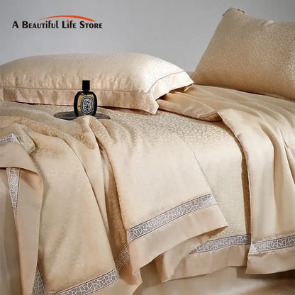 Beige & gold leopard jacquard summer bedding set bedroom lace trim