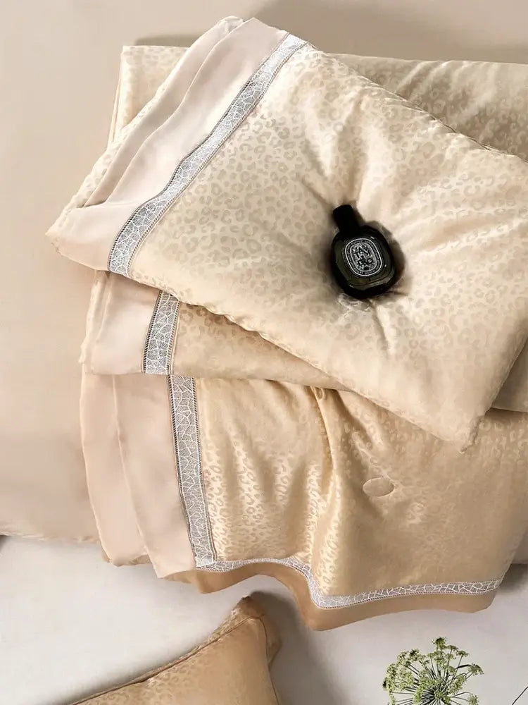 Beige & gold leopard jacquard summer bedding set bedroom lace trim