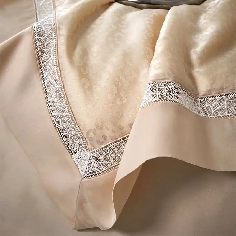 Beige & gold leopard jacquard summer bedding set bedroom lace trim