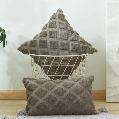 Beige & gray geometric diamond pattern cushion cover living room