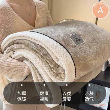 Beige & gray luxury velvet plush cotton blanket bedroom throw