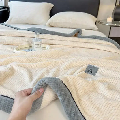 Beige & gray luxury velvet plush cotton blanket bedroom throw