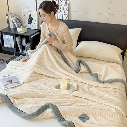 Beige & gray luxury velvet plush cotton blanket bedroom throw