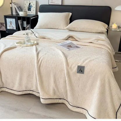 Beige & gray luxury velvet plush cotton blanket bedroom throw