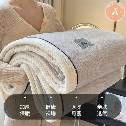 Beige & gray luxury velvet plush cotton blanket bedroom throw