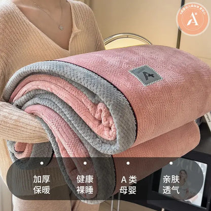 Beige & gray luxury velvet plush cotton blanket bedroom throw