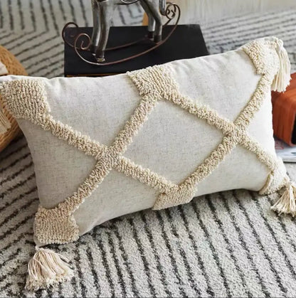 Beige handmade geometric tufted pillowcase set bedroom tassel decor