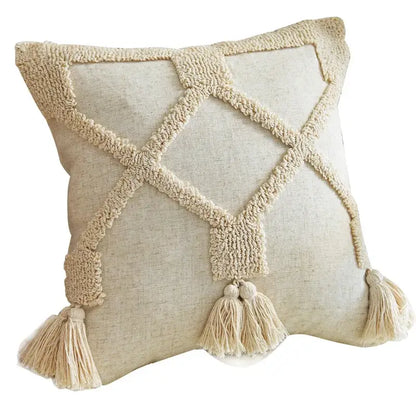 Beige handmade geometric tufted pillowcase set bedroom tassel decor