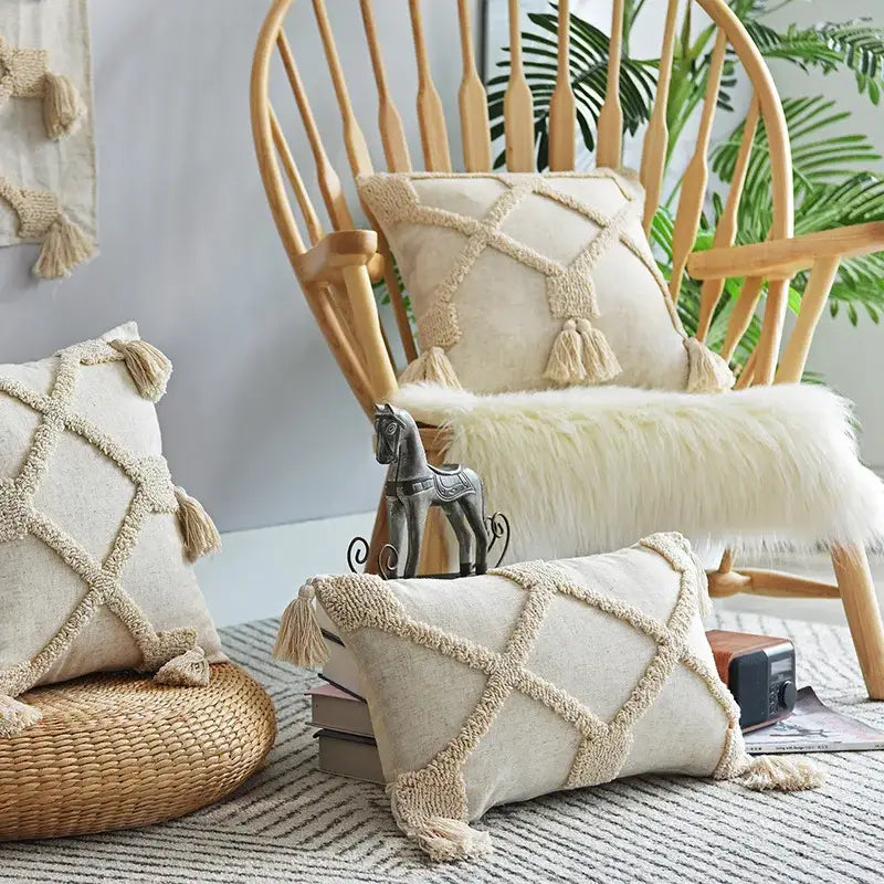 Beige handmade geometric tufted pillowcase set bedroom tassel decor