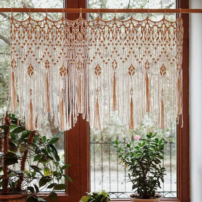 Beige handwoven macrame window curtain with tassels – living room