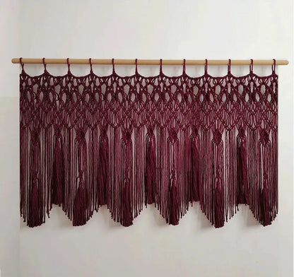 Beige handwoven macrame window curtain with tassels – living room
