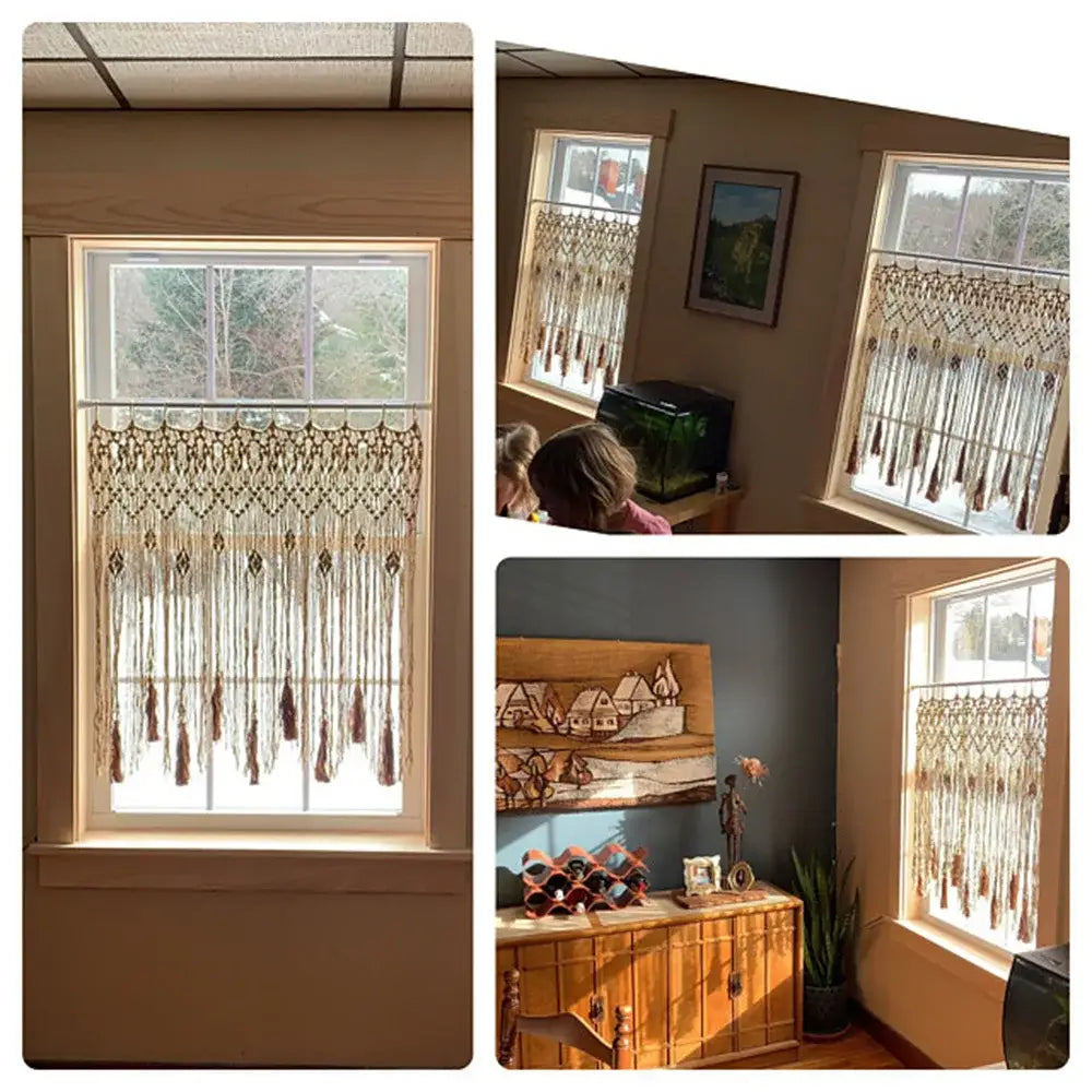 Beige handwoven macrame window curtain with tassels – living room