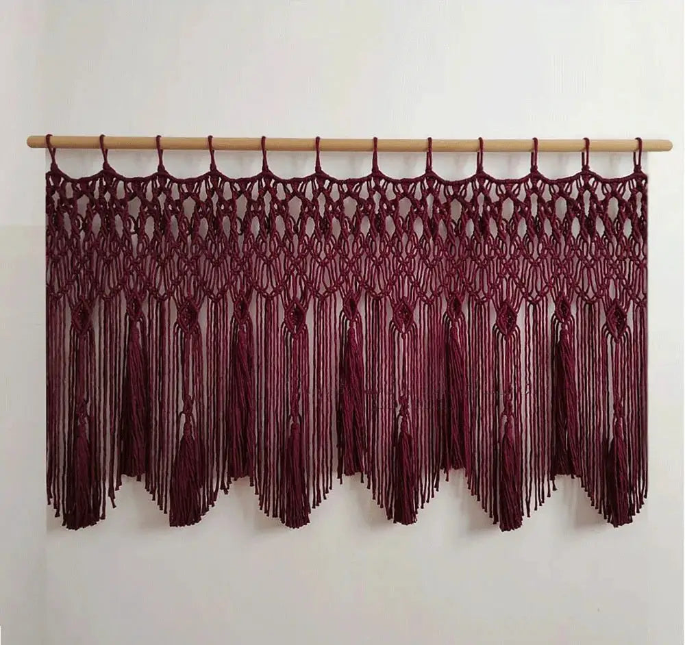 Beige handwoven macrame window curtain with tassels – living room
