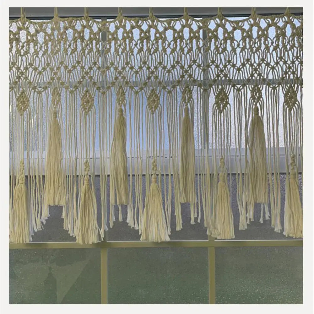 Beige handwoven macrame window curtain with tassels – living room