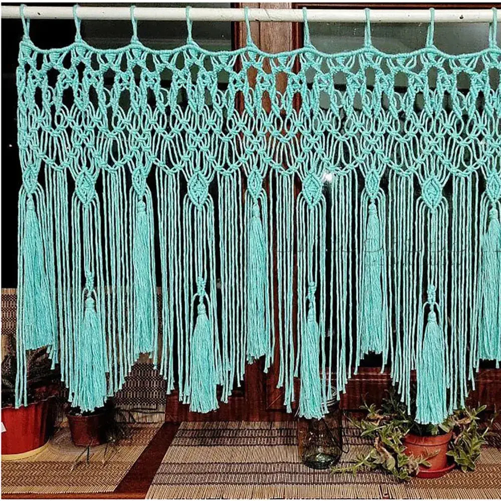 Beige handwoven macrame window curtain with tassels – living room