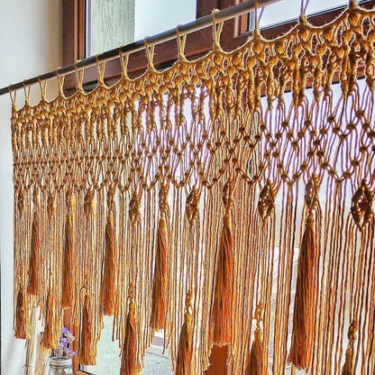 Beige handwoven macrame window curtain with tassels – living room