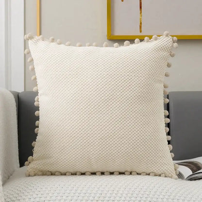 Beige knitted pompom decorative pillow cover living room decor