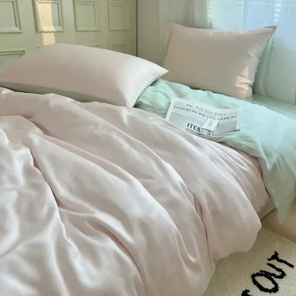 Beige & light blue ice silky solid bedding set bedroom duvet cover