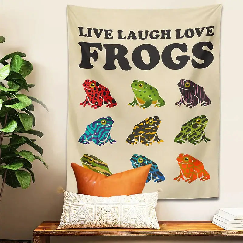 Beige live laugh love frogs tapestry wall hanging for bedroom