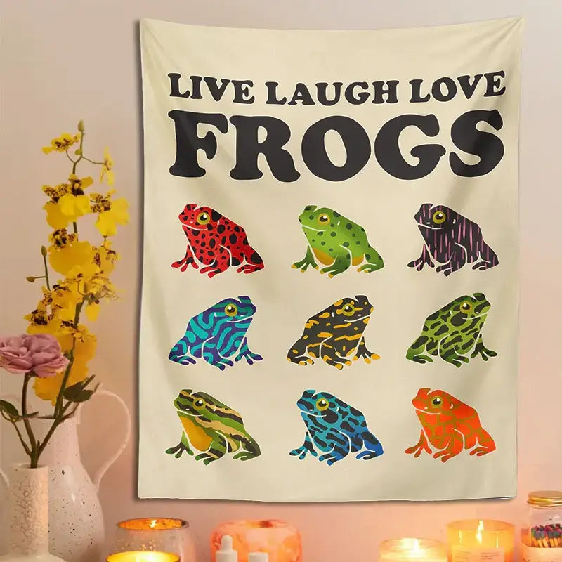 Beige live laugh love frogs tapestry wall hanging for bedroom
