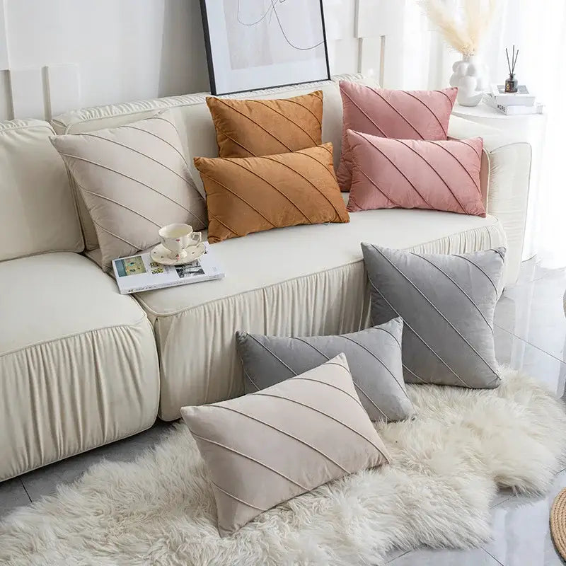 Beige & pink hand pleat embroidered cushions living room velvet pillow