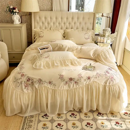 Beige pink lace embroidery bedding set – bedroom floral duvet cover