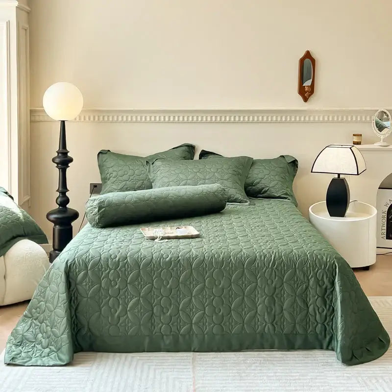 Beige quilted floral eucalyptus fiber bedspread bedroom ruffled cover