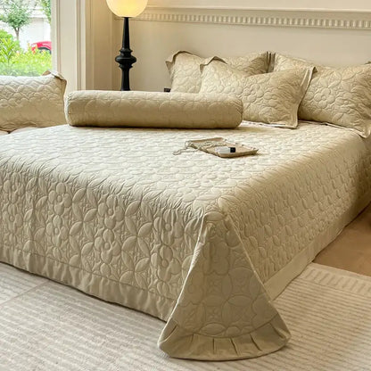 Beige quilted floral eucalyptus fiber bedspread bedroom ruffled cover