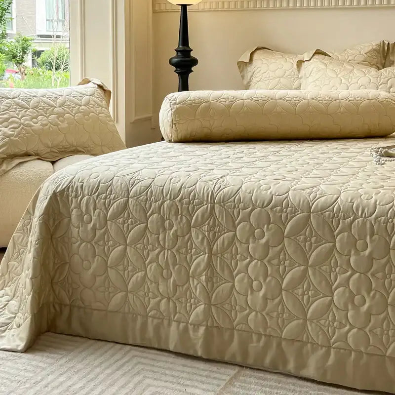 Beige quilted floral eucalyptus fiber bedspread bedroom ruffled cover
